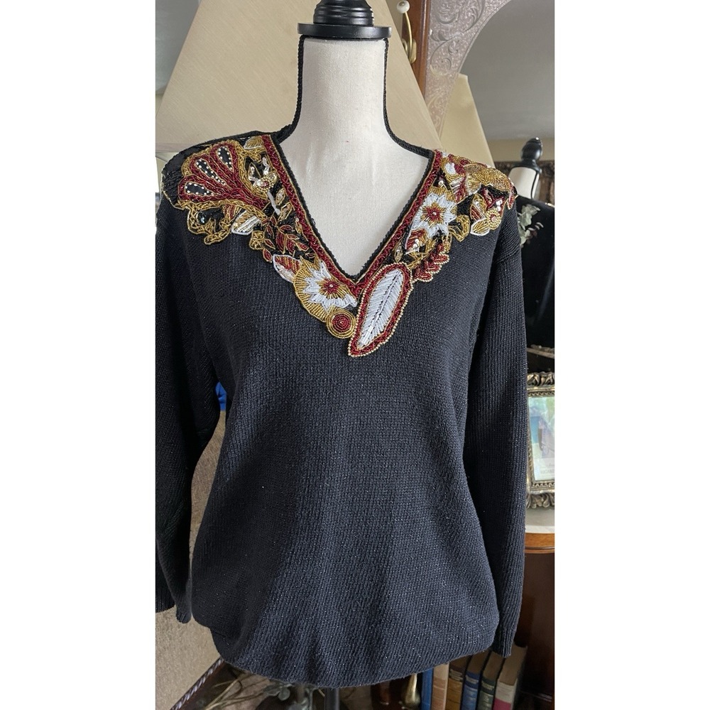 Vintage Eminent Detailed Beaded‎ Applique Black Glitter Sweater Sz L